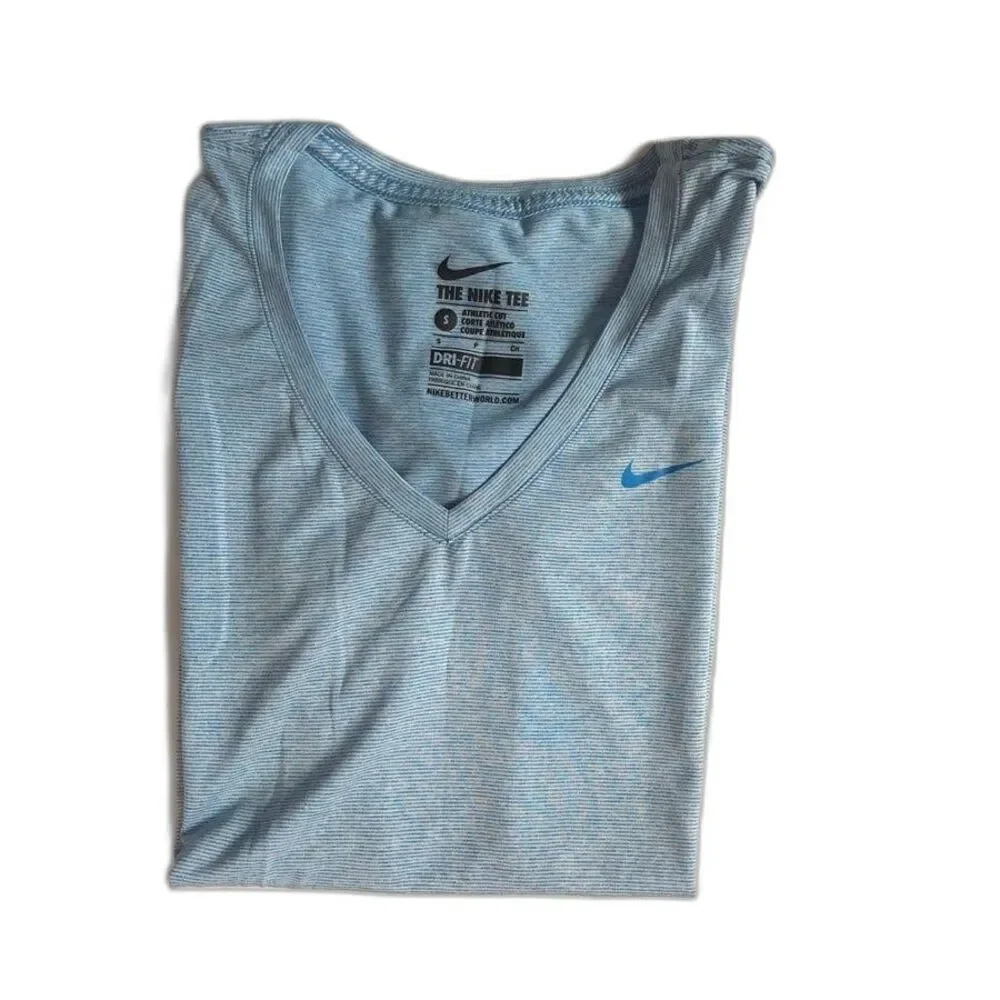 Nike Women's S V-Neck Legend Dri-Fit Blue White Stripe T-shirt Short Sleeve Tee